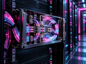 Conceptual illustration of a photonic computing module with optical fibers inside a data-center rack under magenta and cyan lighting.
