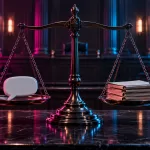 Conceptual balance scale weighing a blank speech-bubble sculpture against legal folders in a magenta-and-cyan courtroom.