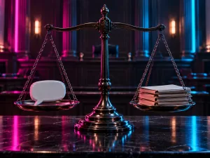 Conceptual balance scale weighing a blank speech-bubble sculpture against legal folders in a magenta-and-cyan courtroom.