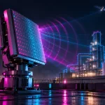 Phased-array antenna using cyan and magenta radio waves to map an industrial facility, illustrating 6G integrated sensing and communication.