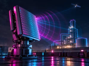 Phased-array antenna using cyan and magenta radio waves to map an industrial facility, illustrating 6G integrated sensing and communication.