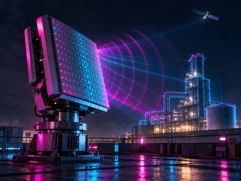 Phased-array antenna using cyan and magenta radio waves to map an industrial facility, illustrating 6G integrated sensing and communication.