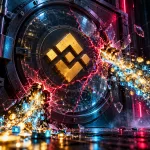 Golden Binance symbol behind cracked security glass as digital assets spill through two openings under magenta and cyan light.