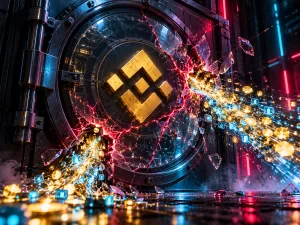 Golden Binance symbol behind cracked security glass as digital assets spill through two openings under magenta and cyan light.