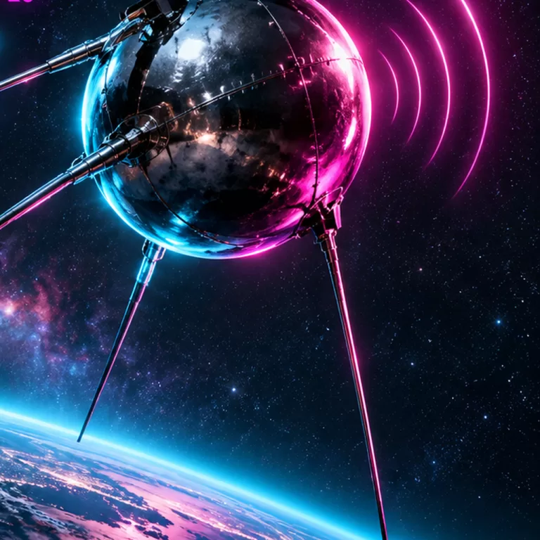 Sputnik 1 above Earth in a cyan and magenta neon-noir scene, with radio-wave arcs and no text