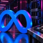 Conceptual blue Meta infinity sculpture beside server racks and a tray of semiconductor packages, illuminated in magenta and cyan.