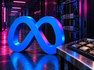 Conceptual blue Meta infinity sculpture beside server racks and a tray of semiconductor packages, illuminated in magenta and cyan.