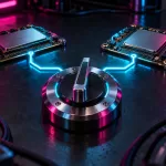 Conceptual rotary selector linked by glowing cyan pathways to two unbranded processor boards on a magenta-lit laboratory bench.