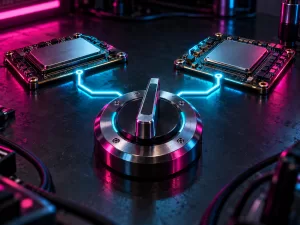 Conceptual rotary selector linked by glowing cyan pathways to two unbranded processor boards on a magenta-lit laboratory bench.