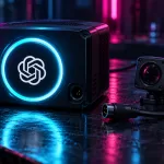 Conceptual active compute module with the OpenAI symbol beside a disconnected monitoring sensor and unplugged cable in magenta and cyan light.