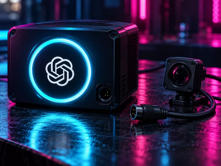 Conceptual active compute module with the OpenAI symbol beside a disconnected monitoring sensor and unplugged cable in magenta and cyan light.