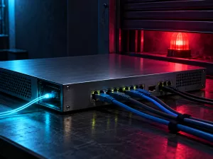 Conceptual remote-access network appliance beside a red warning beacon behind a partly closed shutter, lit in cyan and magenta; not an actual BeyondTrust device.