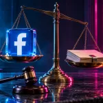 Conceptual balance scale holding a blue Facebook logo block opposite a legal paper folio, with a judge’s gavel under magenta and cyan light.