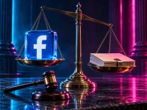 Conceptual balance scale holding a blue Facebook logo block opposite a legal paper folio, with a judge’s gavel under magenta and cyan light.