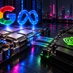 Conceptual Google G and Meta infinity symbols above compute boards beside a board bearing Nvidia’s green eye, lit magenta and cyan.