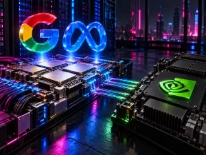 Conceptual Google G and Meta infinity symbols above compute boards beside a board bearing Nvidia’s green eye, lit magenta and cyan.