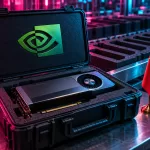 Conceptual graphics card in an open case bearing the Nvidia eye logo, beside empty protective slots and a Chinese flag under magenta and cyan lighting.