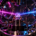 Thorium-229 crystal inside a precision optical clock chamber surrounded by vacuum-ultraviolet laser optics in cyan and magenta light.
