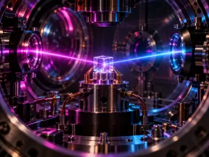Thorium-229 crystal inside a precision optical clock chamber surrounded by vacuum-ultraviolet laser optics in cyan and magenta light.