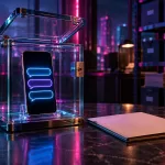 Conceptual smartphone with three empty chat bubbles inside an open glass security case beside a blank folder, lit in magenta and cyan; not an actual Character.ai screen or evidence of a data leak.