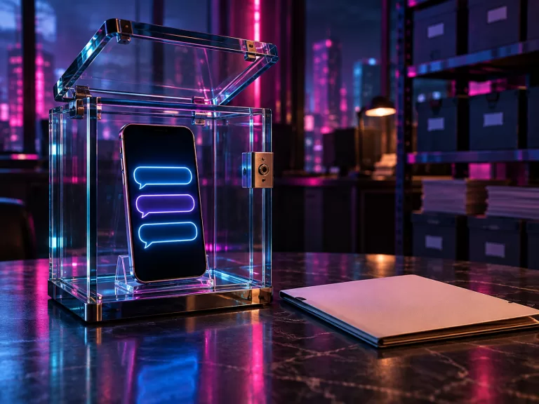 Conceptual smartphone with three empty chat bubbles inside an open glass security case beside a blank folder, lit in magenta and cyan; not an actual Character.ai screen or evidence of a data leak.