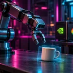 Conceptual camera-equipped robotic gripper reaching toward a ceramic cup, beside a compute module bearing NVIDIA and Google symbols in magenta and cyan light.