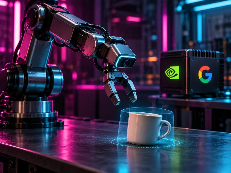 Conceptual camera-equipped robotic gripper reaching toward a ceramic cup, beside a compute module bearing NVIDIA and Google symbols in magenta and cyan light.