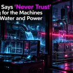 Cyberpunk industrial control facility illustrating zero trust operational technology for water and power infrastructure