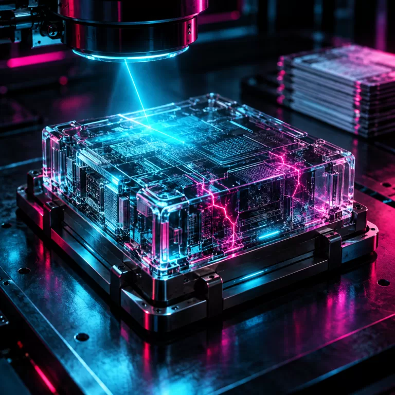 Cyberpunk glass code module under cyan scan beam, suggesting automated vulnerability detection outpacing human review