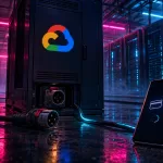 Conceptual Google Cloud server cabinet with a disconnected power connector and a phone showing a pending contactless payment, lit in magenta and cyan.