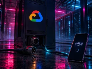 Conceptual Google Cloud server cabinet with a disconnected power connector and a phone showing a pending contactless payment, lit in magenta and cyan.