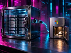 Conceptual backup vault with preserved drives and a disconnected cable beside a Microsoft cloud module with an open access door and a separate key.