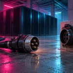 Conceptual unplugged industrial power connector facing a socket beside dark server cabinets in magenta and cyan light.