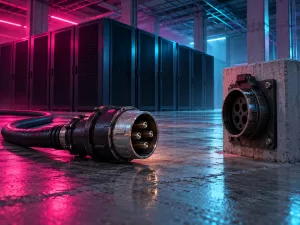 Conceptual unplugged industrial power connector facing a socket beside dark server cabinets in magenta and cyan light.