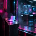 Conceptual empty police tip terminal receiving a glowing anonymous data card, separated by glass from a dark testing laboratory, in cyan and magenta neon-noir lighting.