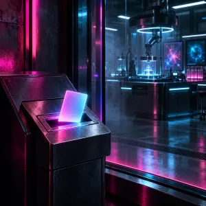 Conceptual empty police tip terminal receiving a glowing anonymous data card, separated by glass from a dark testing laboratory, in cyan and magenta neon-noir lighting.