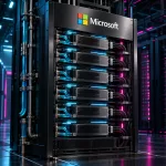 Conceptual illustration of a liquid-cooled AI server rack with the Microsoft logo on its front panel, lit in cyan and magenta inside a dark data center.