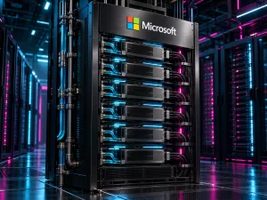 Conceptual illustration of a liquid-cooled AI server rack with the Microsoft logo on its front panel, lit in cyan and magenta inside a dark data center.