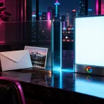Conceptual envelope and mountain photograph beside a glass divider and blank advertising display bearing the Google G, lit magenta and cyan.