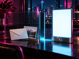 Conceptual envelope and mountain photograph beside a glass divider and blank advertising display bearing the Google G, lit magenta and cyan.