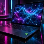 Conceptual slim laptop with a glowing NVIDIA eye badge and a neural network on its screen, lit in magenta and cyan; not a photograph of a specific RTX Spark model.