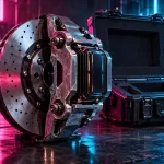 Conceptual compute cartridge held inside a metal brake assembly beside an open protective case under magenta and cyan light.