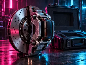 Conceptual compute cartridge held inside a metal brake assembly beside an open protective case under magenta and cyan light.