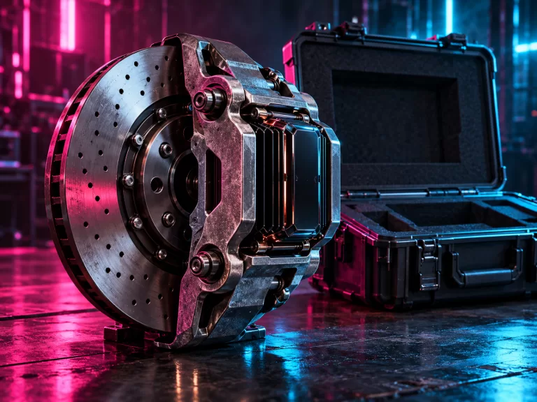 Conceptual compute cartridge held inside a metal brake assembly beside an open protective case under magenta and cyan light.