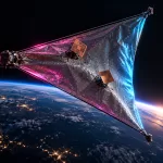 Conceptual triangular satellite membrane with two antenna boards at different angles above Earth, illuminated in cyan and magenta.