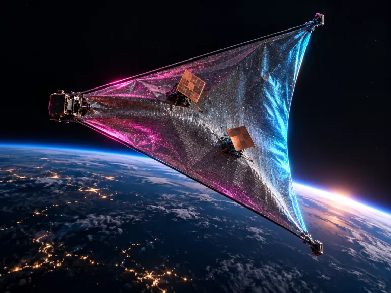 Conceptual triangular satellite membrane with two antenna boards at different angles above Earth, illuminated in cyan and magenta.