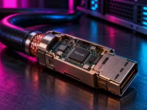 Conceptual active copper cable connector with exposed shielding braid and a signal-processing chip marked Marvell, lit in magenta and cyan.