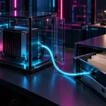Conceptual glass test enclosure with a computing module connected by a cyan cable to an open drawer of blank business folders under magenta lighting.