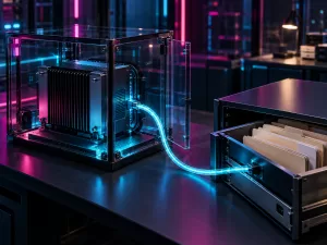 Conceptual glass test enclosure with a computing module connected by a cyan cable to an open drawer of blank business folders under magenta lighting.