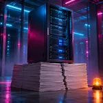Conceptual server rack resting on a cracked stack of blank paper beside an amber warning lamp, lit in magenta and cyan; not a photograph of a CoreWeave facility.